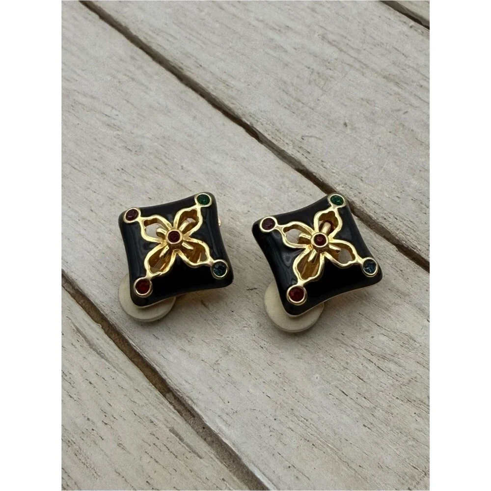 Vintage Gold & Black Floral Square Clip-On Earrings with Multicolor Accents